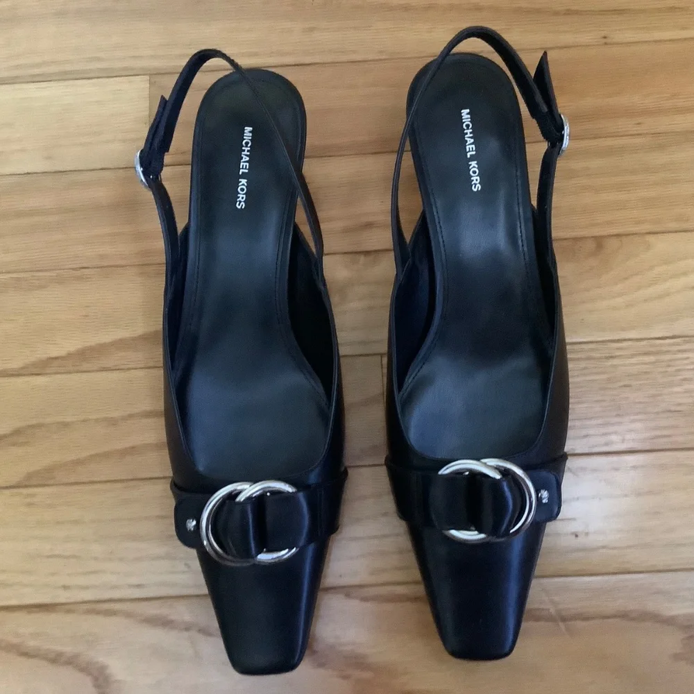 MICHAEL Michael Kors Jaden Leather Kitten Heel Sling Pumps Black SZ 9.5